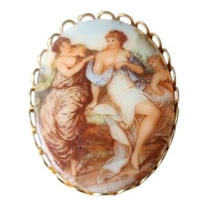 Vintage Victorian Grecian Ladies Cameo Brooch Hand-Painted Oval Gold-Tone
